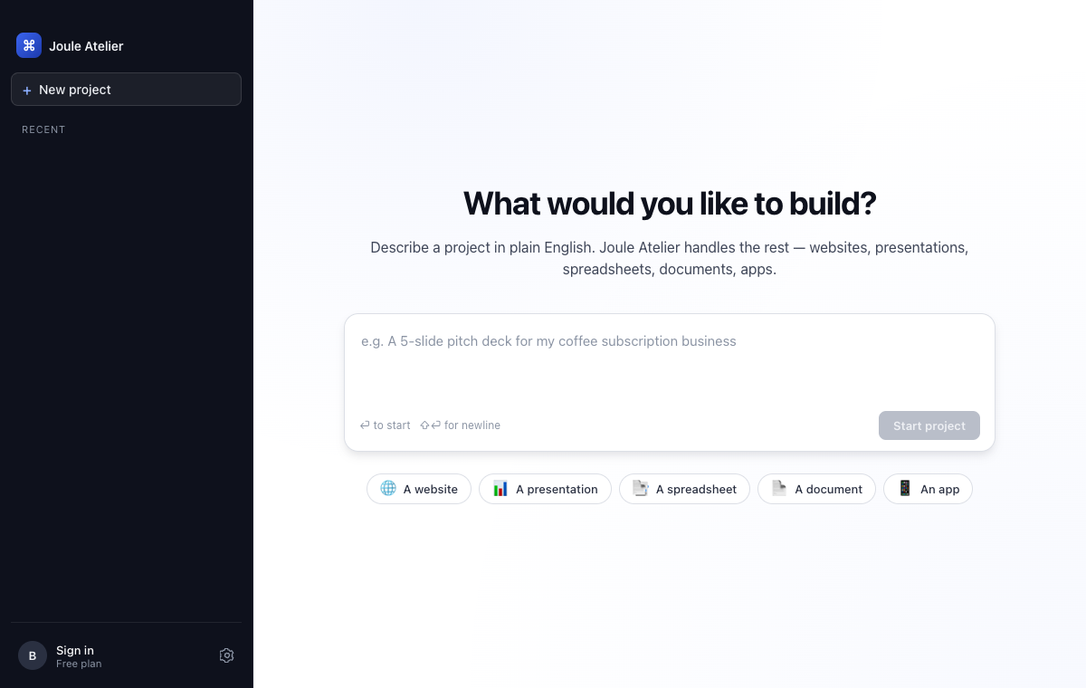 Joule Atelier desktop app welcome screen for starting a new project from a plain-language prompt